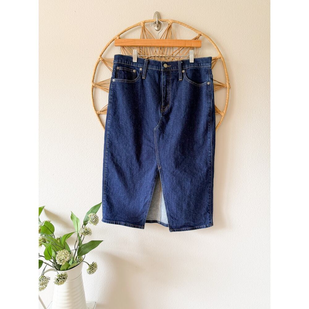 J Crew Dark Wash Denim Straight Skirt Slit Knee Midi Sz 30/10/L (32” Waist)